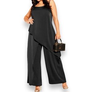 City Chic Wildfire Satin Asymmetrical Jumpsuit Black Plus Size XL US 22